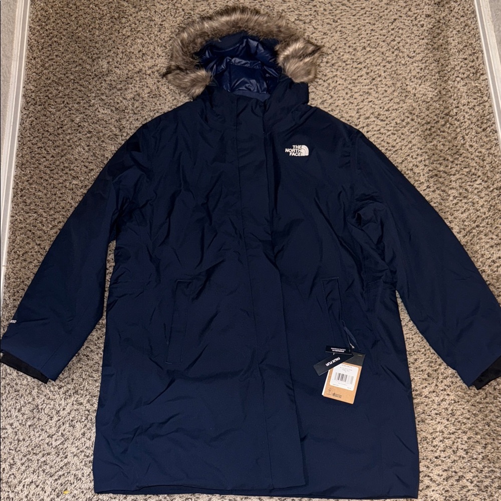 The North Face Dark Blue Coat with Faux Fur Trim